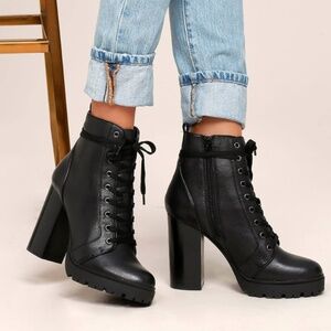 Steve Madden Laurie Black Leather Lace-Up Platform Booties